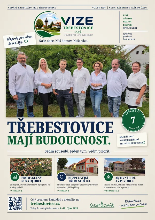 Titulní strana volebních novin VIZE Třebestovice 2026: sedm kandidátů a nadpis Třebestovice mají budoucnost.